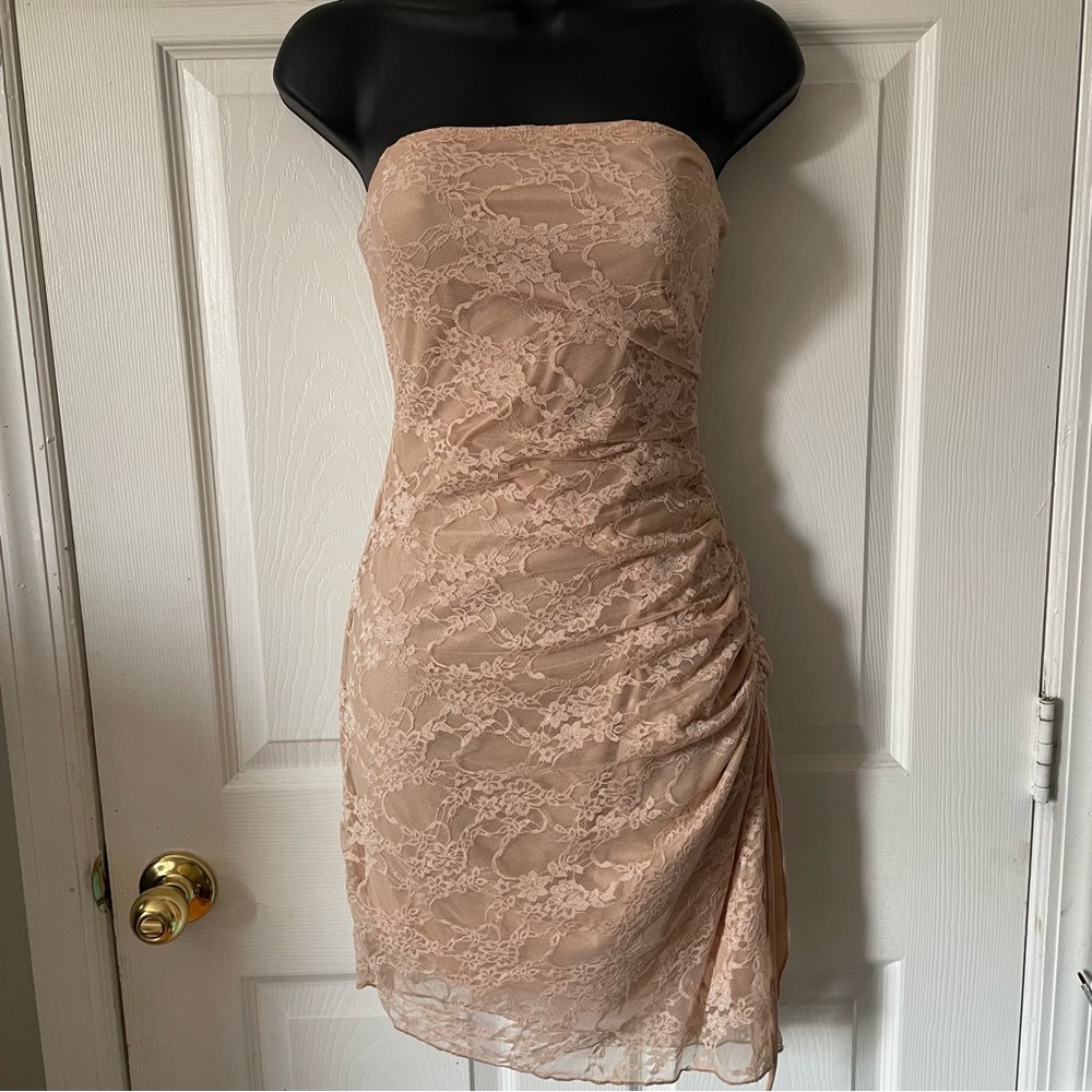 Strapless Lace Ruched Nude Bodycon Dress